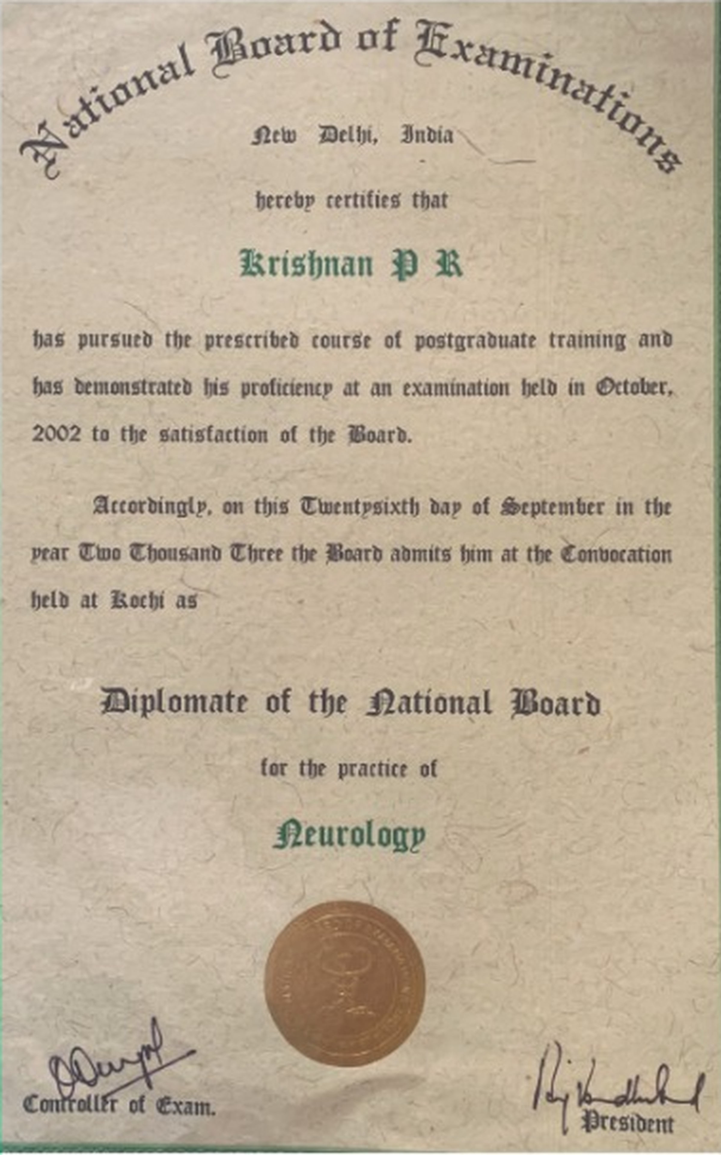 DNB Neurology Diplomate of National Board - Dr. P R Krishnan