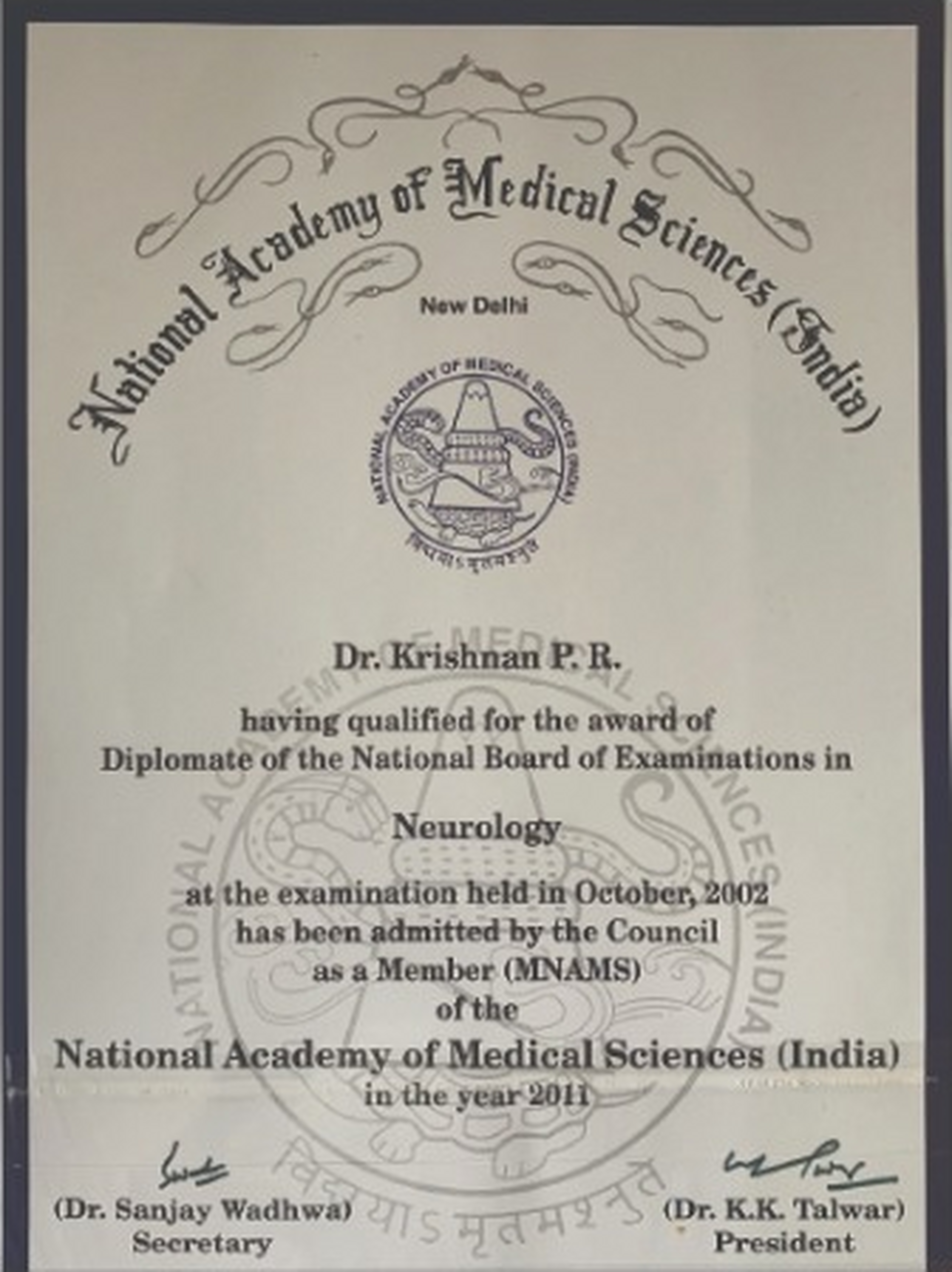 MNAMS Membership Certificate National Academy of Medical Sciences
